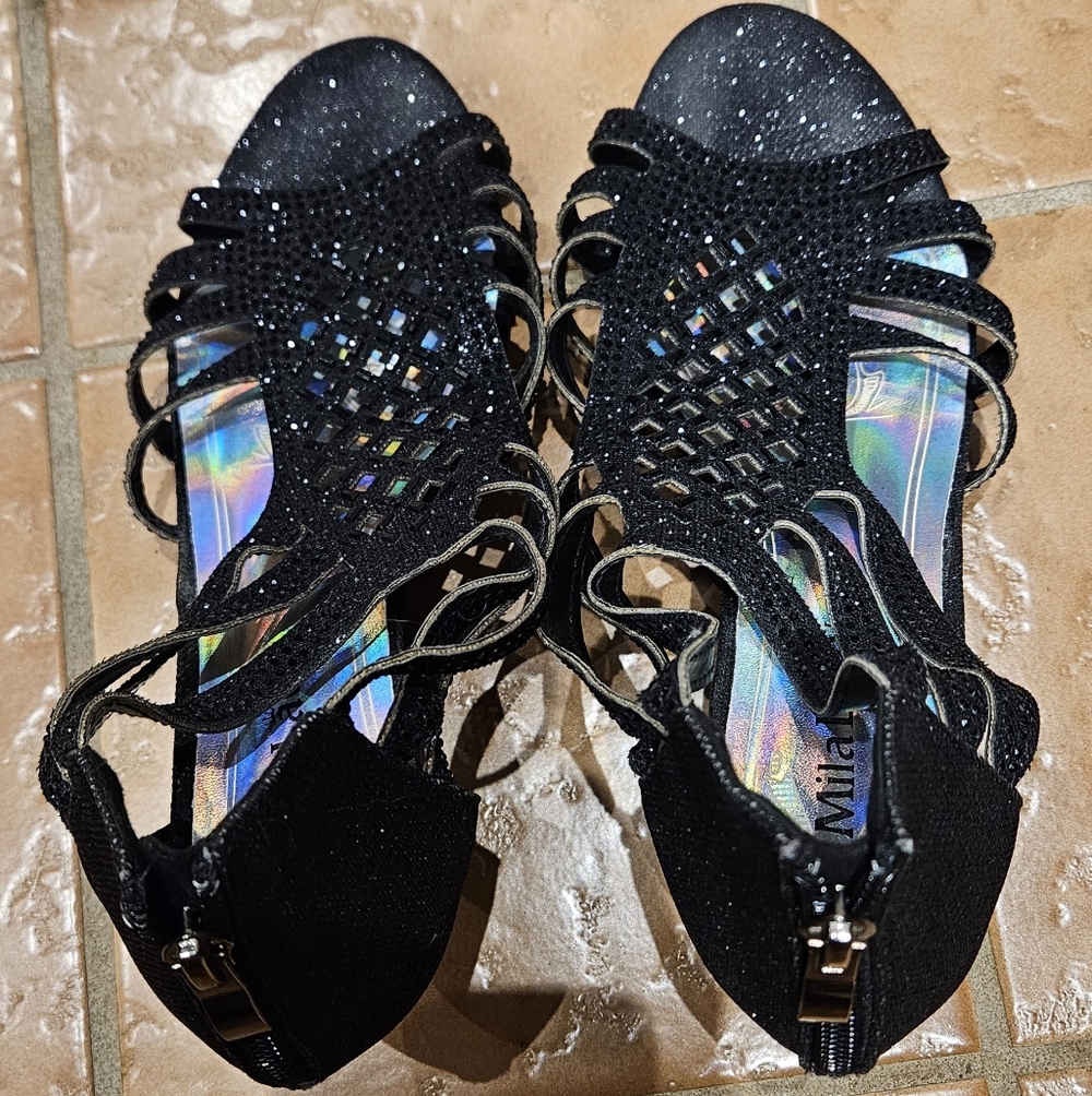 Mila Lady Rhinestone Elegant Black Strappy Heels